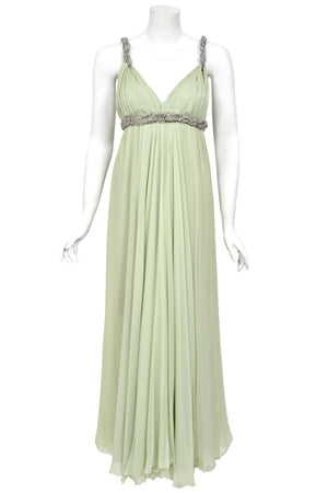 1965 Sarmi Couture Seafoam Green Jeweled Silk Chiffon Empire Plunge Grecian Gown