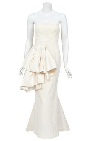 2008 Christian Dior by John Galliano Ivory Silk Strapless Bustier Peplum Gown