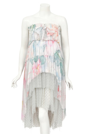 2013 Chanel by Karl Lagerfeld Pastel Floral Silk & Sheer Tulle Strapless Dress