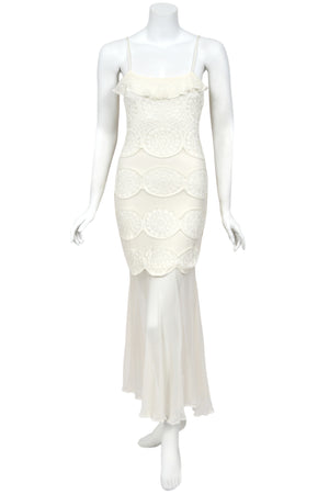 2005 Christian Dior by John Galliano Ivory Knit Appliqué Sheer Silk Fitted Slip Dress