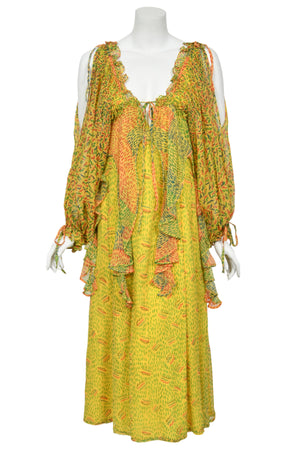 1971 Ossie Clark for Quorum Celia Birtwell Yellow Print Sheer Silk Chiffon Cut-Out Dress