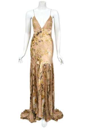 2006 Roberto Cavalli Champagne Floral & Bird Motif Silk Pleated High Low Bias-Cut Gown