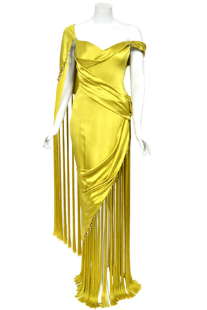 2018 Ralph & Russo Haute Couture Chartreuse Silk Satin Asymmetric Crystal Fringed Gown