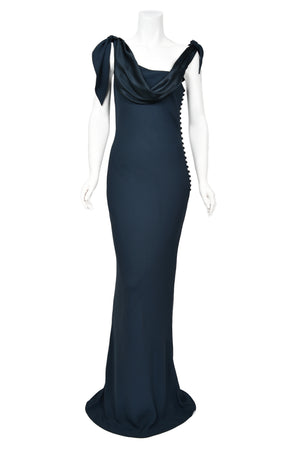 1998 Christian Dior by John Galliano Navy Blue Silk Draped Bias-Cut Evening Gown