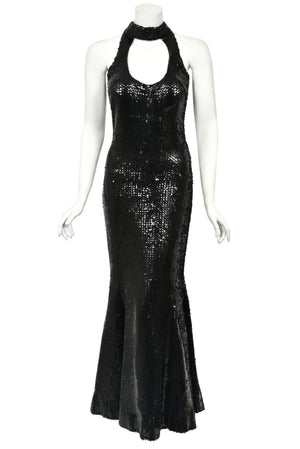 1973 Loris Azzaro Couture Black Fully Sequin Cut-Out Hourglass Mermaid Gown