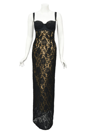 1997 Dolce & Gabbana Sheer Black Stretch Lace Built-In Bra Slip Gown