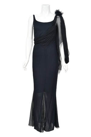 2002 Chanel Cruise Collection Midnight Blue Silk Chiffon Draped Bias-Cut Gown