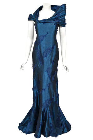 1999 Christian Dior by John Galliano Sapphire Blue Eyelash Silk Backless Bias-Cut Gown