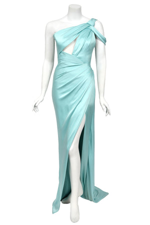2017 Ralph & Russo Haute Couture Runway Aqua Blue Satin Cut-Out Draped High Slit Gown