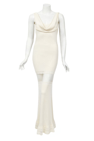 1998 John Galliano Documented Runway Ivory Stretch Knit Sheer Bias-Cut Backless Gown