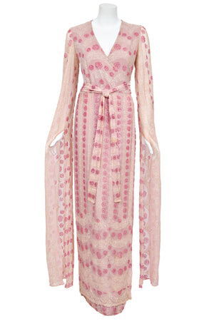 1974 Thea Porter Couture Sparkling Pink Glitter Silk Angel Sleeve Wrap Gown