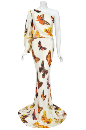 2007 Alexander McQueen Butterfly Motif Silk Asymmetric Billow Sleeve Bias-Cut Gown