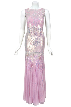 2012 Blumarine Runway Iridescent Lilac Pink Fully Sequin Cut-Out Hourglass Mermaid Gown