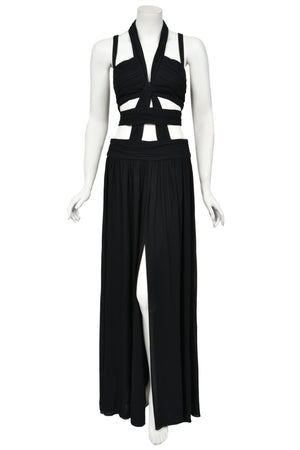 1995 Chanel by Karl Lagerfeld Iconic Runway Campaign Black Cut-Out High Slit Maxi Dress