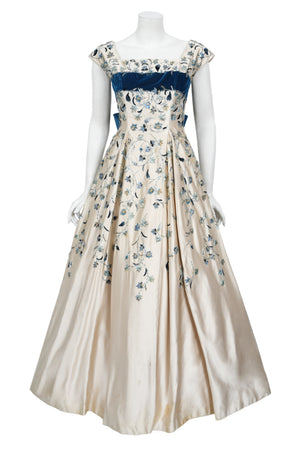 1956 Jacques Griffe Haute Couture Documented Embroidered Beaded Ivory Satin Gown