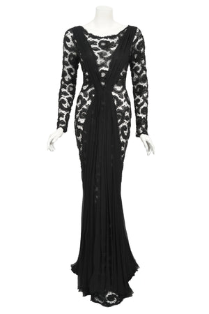 1998 Hanae Mori Haute Couture Beaded Sheer Lace & Chiffon Hourglass Gown
