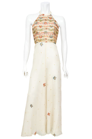 1979 Thea Porter Couture Metallic Gold Embroidered Ivory Silk-Chiffon Halter Gown