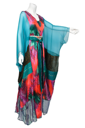 1970 Thea Porter Couture Colorful Patchwork Sheer Silk Bohemian Abaya Caftan