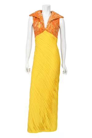 1968 La Mendola Heavily Pleated Yellow Silk-Jersey Beaded Glamour Gown