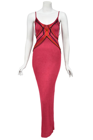 2003 Christian Dior by John Galliano Burgundy Red Stretch-Knit Draped Strings Maxi Dress