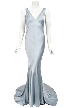 1997 John Galliano Documented Ice Blue Satin Backless Bias-Cut Trained Gown