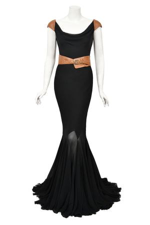 2001 Versace Couture Documented Runway Black Sheer Silk & Leather Bias-Cut Gown
