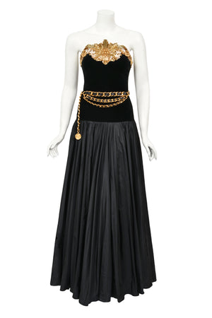 1985 Chanel Documented Runway Metallic Beaded Gold Lamé & Black Silk Strapless Gown