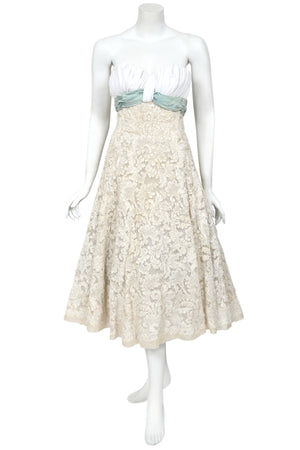 1956 Pierre Balmain Haute Couture Ivory French Lace Strapless Bustier Full-Skirt Dress