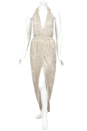 1982 Halston Runway Beaded Sheer Illusion Champagne Lace Backless Halter Wrap Gown