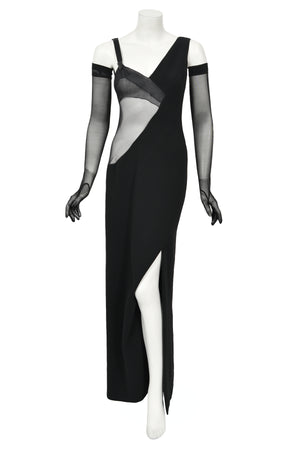 1998 Thierry Mugler Documented Runway Sheer Black Silk Asymmetric High-Slit Gown