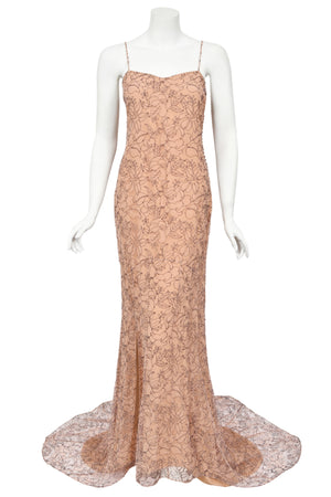 2006 Christian Dior by John Galliano Nude Illusion Floral Lace Trained Lingerie Gown