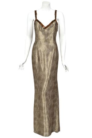 1998 Valentino Runway Semi-Sheer Leopard Print Shimmer Silk Beaded Slip Gown