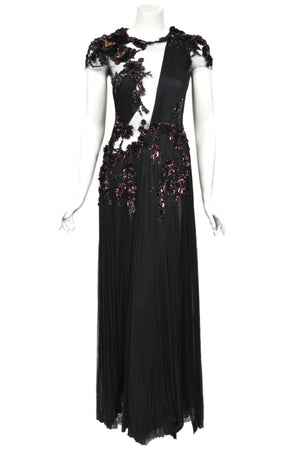 2012 Gucci Runway Editorial Heavily Embellished Sequin Sheer Black Pleated Tulle Gown