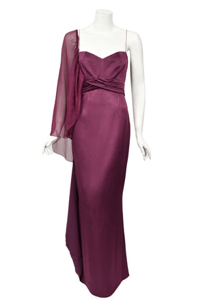 2000 Christian Dior by John Galliano Purple Silk Sheer-Sleeve Asymmetric Draped Gown