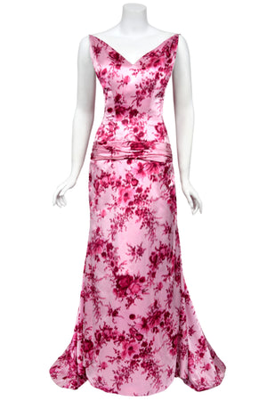 1955 Samuel Winston Vogue Documented Pink Floral Silk Satin Sculptural Trained Gown