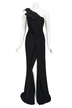 2008 Christian Dior by John Galliano Black Beaded Silk High Slit Bias-Cut Gown