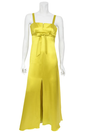 2005 Valentino Runway Chartreuse Yellow Silk Shelf-Bust Bustier High Slit Gown