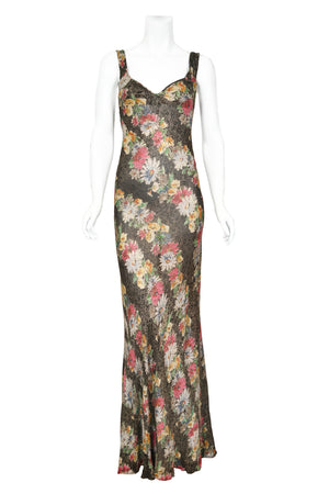 1930's Colorful Metallic Floral Motif Lamé Cut Out Back Hourglass Bias-Cut Gown