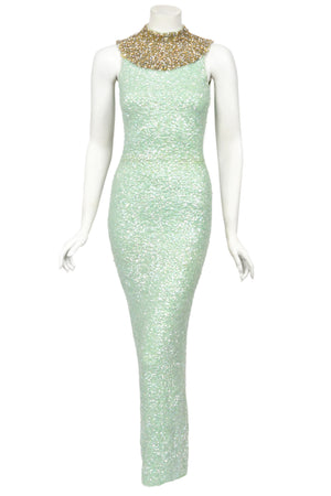 1960's Gene Shelly Seafoam Fully- Sequin Stretch Knit Beaded Collar Hourglass Gown
