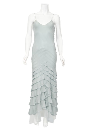 2004 Christian Dior by John Galliano Ethereal Ice Blue Silk & Tulle Tiered Bias-Cut Gown