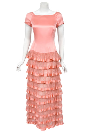 1993 Valentino Runway Blush Pink Silk & Sheer Chantilly-Lace Tiered Ruffle Maxi Dress