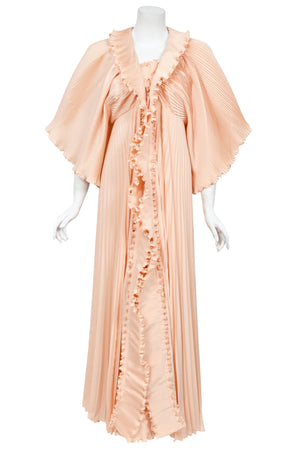 1973 Zandra Rhodes Blush Pink Heavily-Pleated Full Length Jacket Peignoir Set