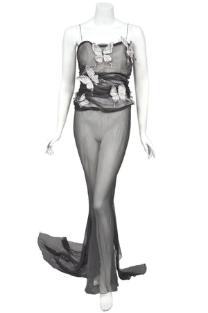 1998 Dolce & Gabbana 'Stromboli Collection' Hand-Painted Butterflies Grey Sheer Silk Corset Gown