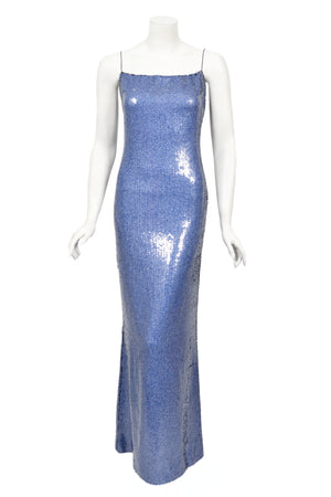 2000 Christian Dior by John Galliano Fully Sequin Ocean Blue Bias-Cut Slip Gown