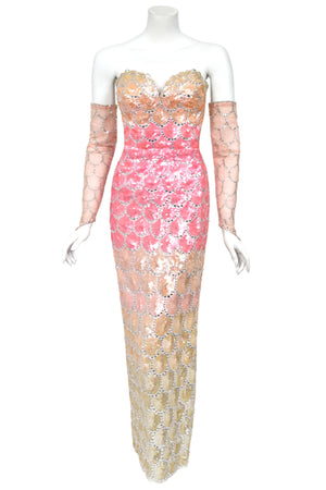 1950's Custom Couture Fully Sequin Pink Ombré Rhinestone Hourglass Gown w/ Gloves