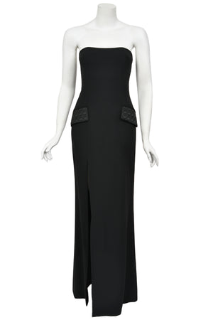 1997 Christian Dior by John Galliano Black Silk Crepe Strapless High-Slit Gown