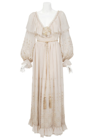 1971 Guy Laroche Haute Couture Embroidered Ivory Silk Billow Sleeve Plunge Gown