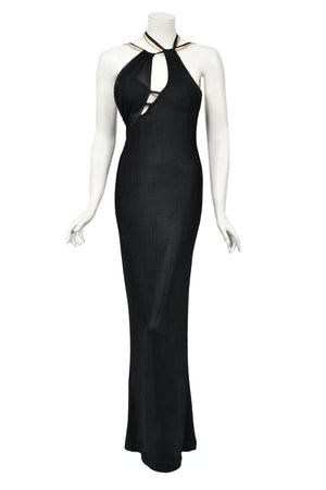 1998 Versace Couture Black Stretch Knit & Sheer Silk Cut-Out Hourglass Gown