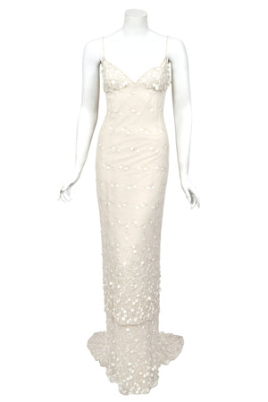 2004 Randi Rahm Couture Embroidered Metallic Ivory Lace Appliqué Trained Slip Gown