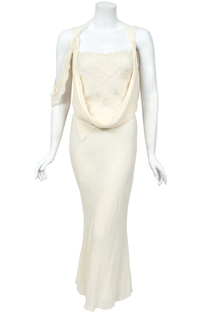 2005 John Galliano Ivory Sheer Silk Chiffon & Chantilly Lace Draped Halter Bias-Cut Gown